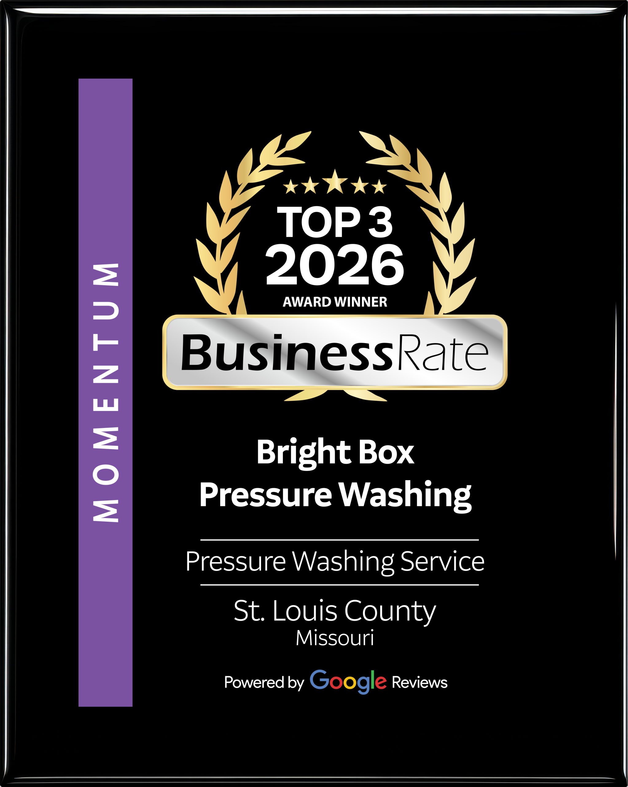 Bright Box Pressure Washing Top 3 2026 recognition plaque